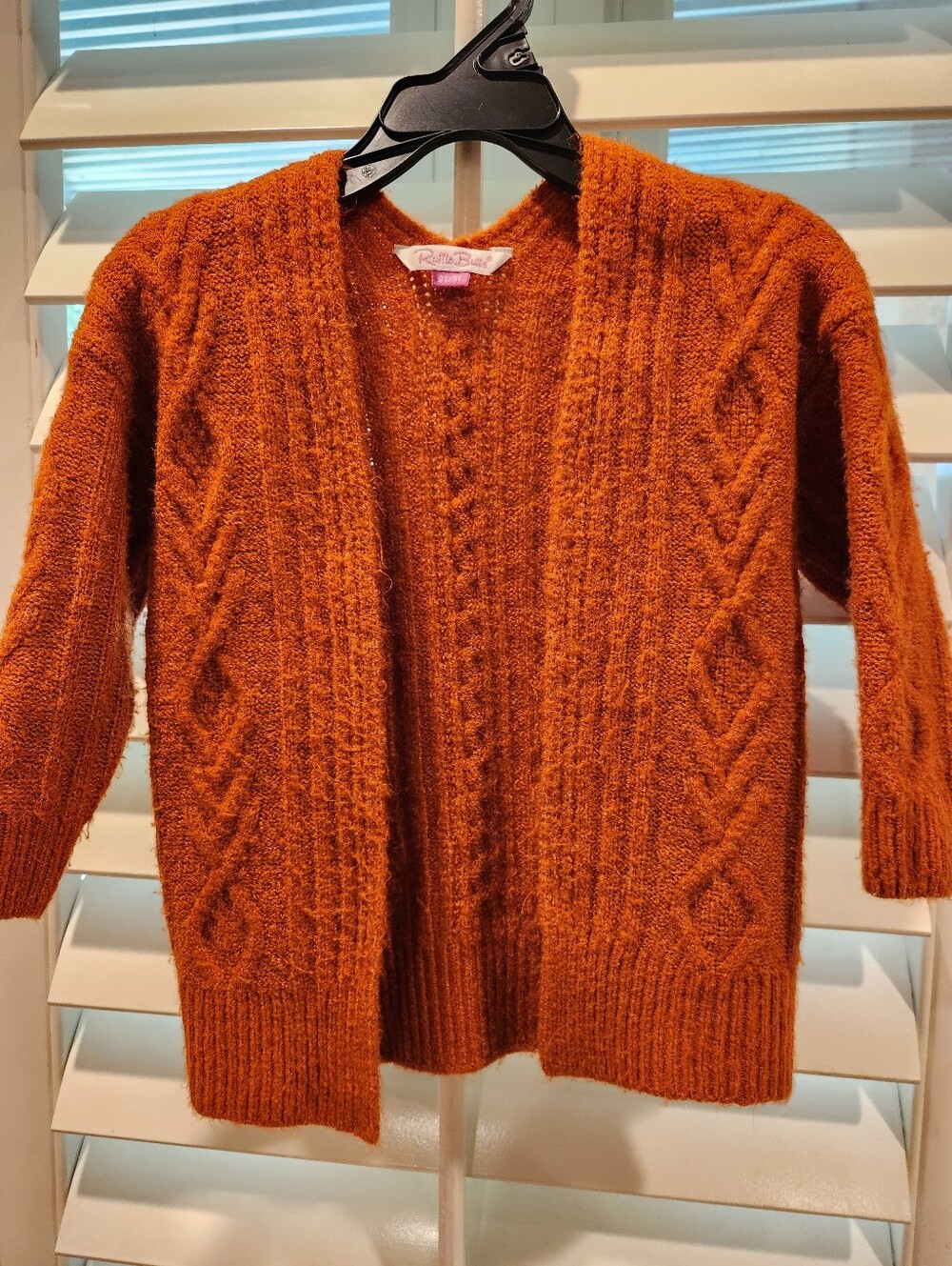 Ruffle Butts Open-Front Cable Knit Cardigan in Rust Orange, Size 2T/3T